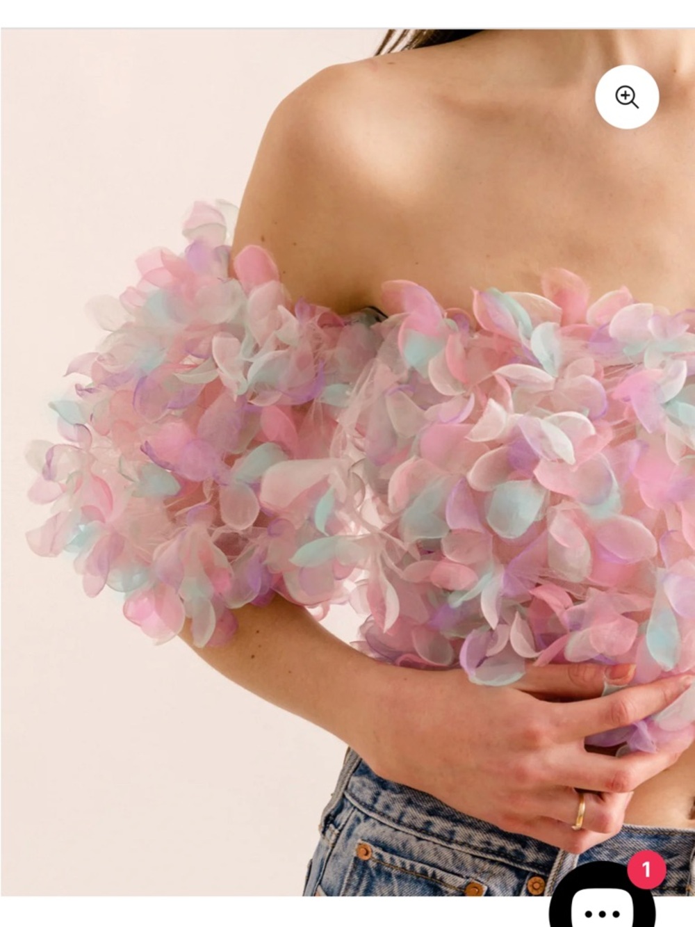 Lirika Matoshi Pastel Pink Floral Appliqué Off-Shoulder Crop Top - Picture 3 of 5